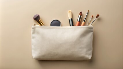 Blank canvas makeup bag mockup on a beige, cream background, makeup, bag, mockup, blank canvas, beige, cream, background
