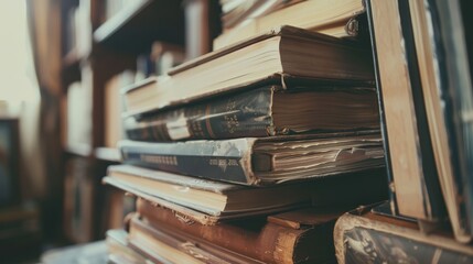Fototapeta premium A stack of worn books sits atop a dusty shelf, thick with the allure of stories and knowledge from another time, revered and timeless.