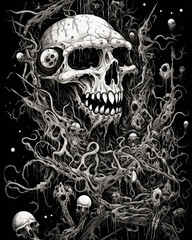 Fototapeta premium A detailed, monochromatic, gothic illustration of a skull entangled in organic and tentacle-like structures, set against a dark background, Ideal for use in horror-themed art, posters