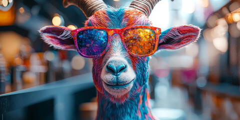 Obraz premium A colorful goat wearing sunglasses looks directly at the camera, a playful and quirky image.