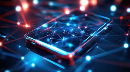 A modern smartphone surrounded by glowing digital connections, symbolizing technology and connectivity in a vibrant visual style.