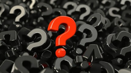 A striking image of a red question mark standing out amidst numerous black question marks, symbolizing uncertainty and curiosity.