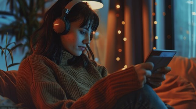 A relaxed young woman, wearing headphones and a cozy sweater, enjoys reading a book at home by the soft glow of evening lights.
