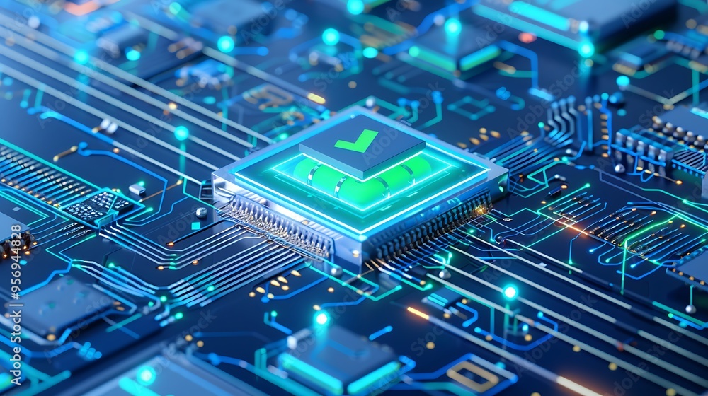 Poster close-up of an electronic circuit board with glowing green check mark, representing advanced technol