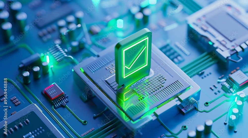 Poster close-up of an illuminated green chip on a circuit board representing advanced technology and electr