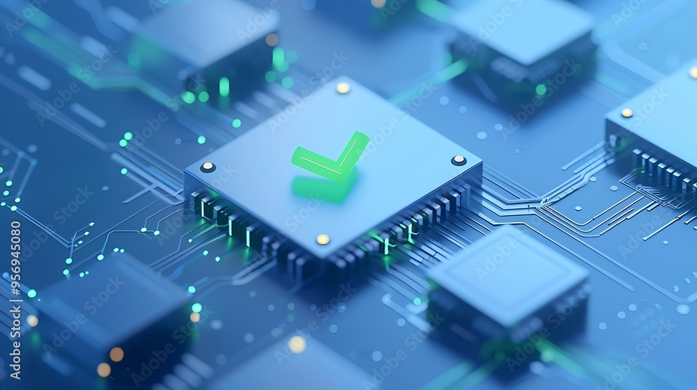 Poster close-up of circuit board showing electronic components with green check mark. perfect for technolog