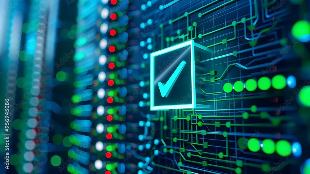 Poster close-up of data center server rack with glowing checkmark symbolizing security, technology and data