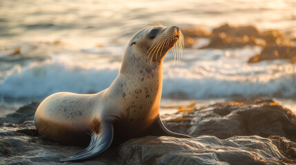 Sea Lion Resting on Rocks at Sunset