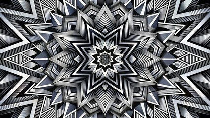 Geometric abstract design featuring sharp, angular shapes and intricate patterns in black and white, creating a modern and dynamic vector graphic illustration.