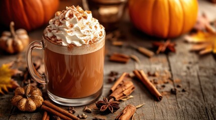 A cozy autumn setup with a hot pumpkin spice latte, topped with whipped cream and cinnamon, on a rustic table.