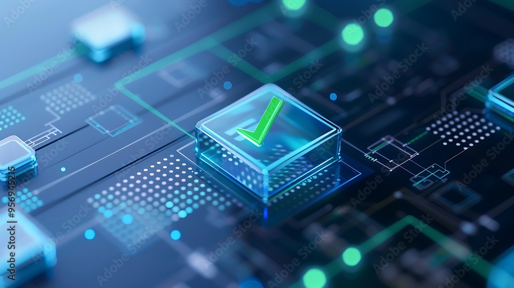 Poster close-up of digital circuit board with a glowing checkmark, representing security, technology, and d