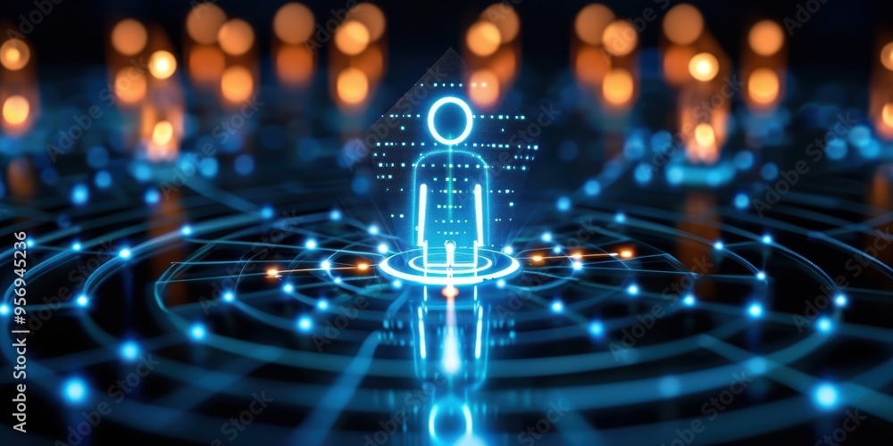 Poster digital silhouette surrounded by glowing data points, representing technology, innovation, and conne