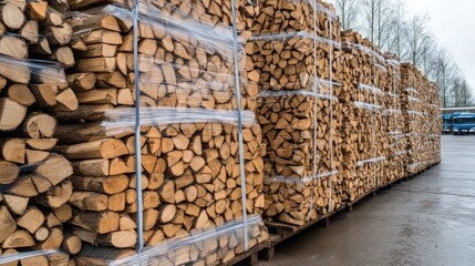 Large stacks of firewood in a springtime forest show cut tree trunks tightly wrapped in tape, with multiple rows of timber creating a natural pathway among the trees