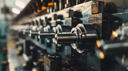 Fototapeta premium Industrial metal spindle machine with precise components, showcasing the intricate engineering of modern manufacturing.