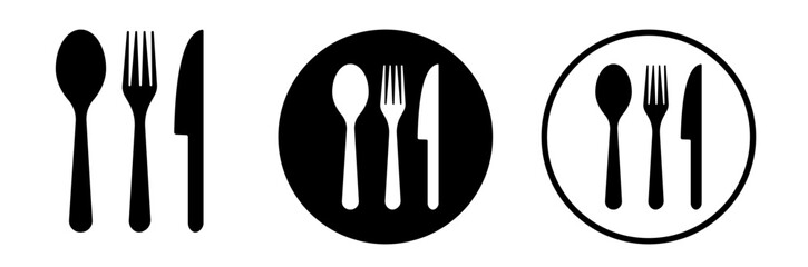Silverware icons. Fork, knife, plate and spoon. Menu symbol. Black silverware icon. Vector illustration.