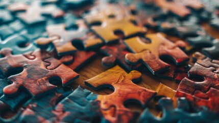 A close-up of colorful jigsaw puzzle pieces scattered on a table, capturing the intricate design and the unassembled mystery of the puzzle.