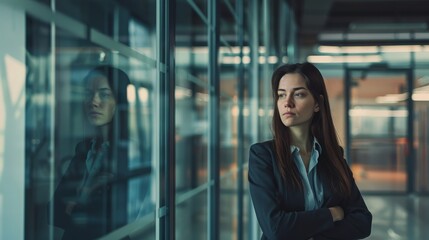Obraz premium A reflective businesswoman stands with arms crossed in a sunlit corridor, embodying contemplation and decisiveness within a corporate environment.