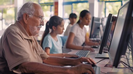 A senior man focuses intently on a computer, surrounded by individuals of various ages, epitomizing lifelong learning and digital literacy.