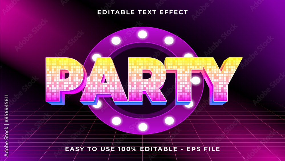 Poster party gradient text style effect template, 3d glow light editable text effect
