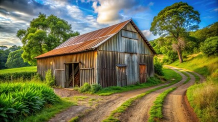 Fototapeta na wymiar Rustic rural landscape featuring a weathered steel barn with corrugated metal siding, wooden doors, and a worn dirt path surrounded by lush greenery.