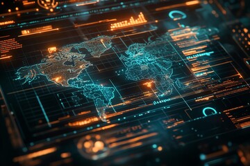 Futuristic digital world map with data visualization, showcasing vibrant colors and high-tech design, ideal for tech projects.