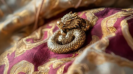 Closeup of Thai Serpent Design Amulet on Silk Cushion Representing Guardianship and Power