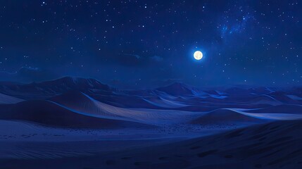 Fototapeta premium A desert landscape at night, with sand dunes under a blanket of stars and a glowing moon illuminating the scene.