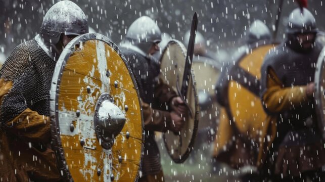 Medieval reenactors in chainmail and helmets, wielding shields and swords, stand in a snowy battlefield, evoking a scene of historical warfare.