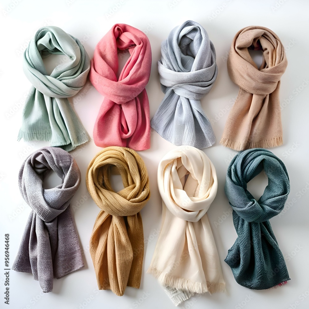 Poster a collection of eight colorful scarves. each with a unique texture and style.