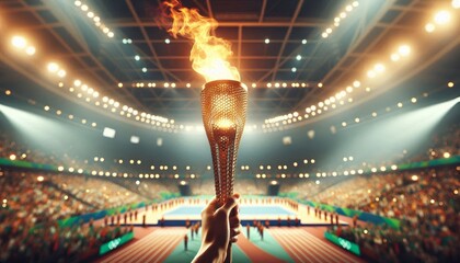 A close-up of a burning Olympic torch held high in a stadium, symbolizing unity, achievement, and the spirit of the games. The blurred background evokes a sense of excitement and anticipation.