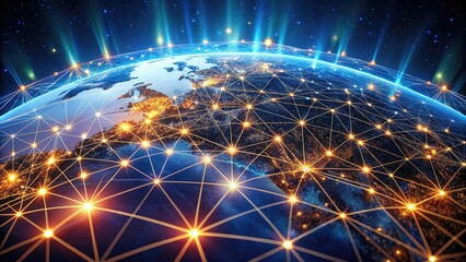 Obraz premium Global network of glowing lines and nodes representing virtual connectivity, highlighting the intersection of technology and communication in a futuristic digital landscape.