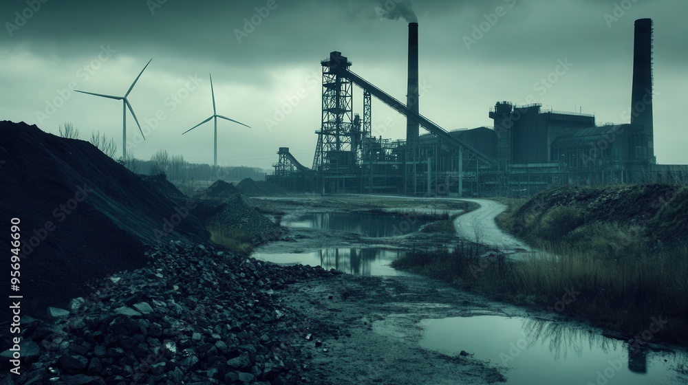 Aufkleber closed coal mines and factories are silhouetted against a gray sky, while wind turbines signify a sh