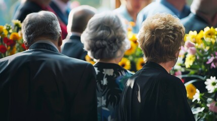 Fototapeta premium Elderly people at a memorial service, surrounded by bright and colorful flowers, seem deeply engaged in the moment.