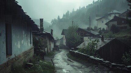 Fototapeta premium A rainy, deserted village street surrounded by old houses and hills enveloped in mist, evoking a sense of nostalgia and solitude.
