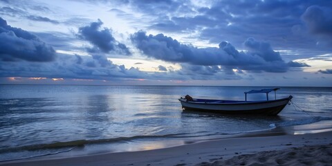 Obraz premium Serene view of beach with boat in water, beach, boat, water, serene, peaceful, tranquil, ocean, waves, sand, shoreline
