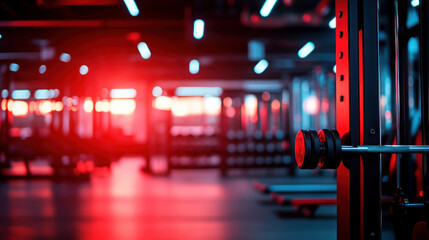 Bright red gym equipment in a modern industrialstyle gym with natural lighting, fitness machines, kettlebells, and weights, perfect for a health and wellness concept