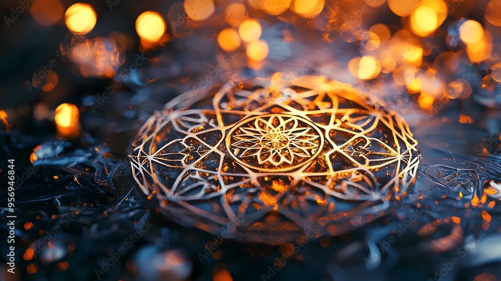 Poster intricate amulet with sacred geometry patterns glowing under soft light,representing harmony and