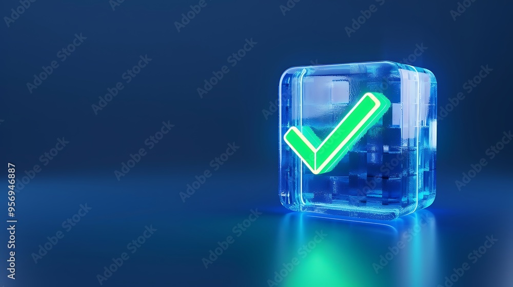 Poster concept approval checkmark inside a transparent cube on a blue background symbolizing success confir