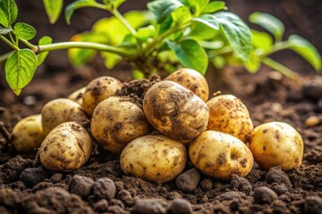 Macro photography of freshly harvested potatoes partially buried in rich, dark soil, with moist earth clinging to their rough skins