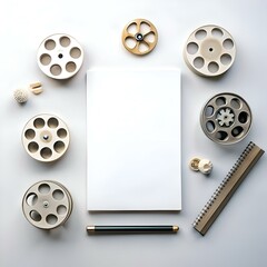Fototapeta premium A minimalist flat lay featuring a blank white page surrounded by film reels. a pen. and other stationery.