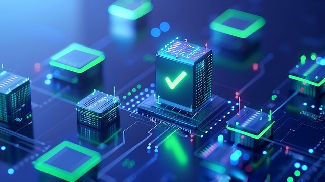 Colorful digital circuit board with glowing check mark and computer chips symbolizing successful technology integration.