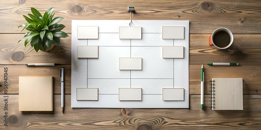 Poster blank white board with nine empty spaces for writing or adding notes. hanging on a wooden wall.