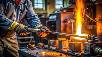 Glowing hot metal rod being shaped and formed by skilled hands using heavy duty metalworking tools and machinery in a dimly lit industrial workshop.