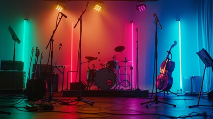 A vibrant music stage set with colorful neon lights and musical instruments, including drum sets and guitars, creating an electrifying ambiance.