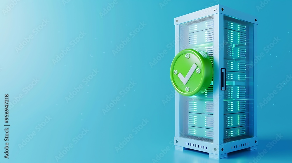 Poster data server with a green checkmark on a teal background, symbolizing successful operation and secure