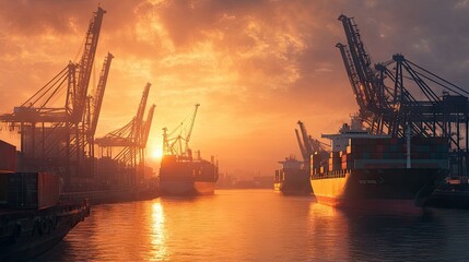 Obraz premium Sea port with cranes and cargo ships at work, showing containers being loaded and unloaded. Highlights the logistics and infrastructure of maritime trade.