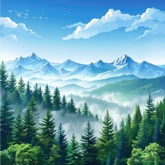 Fototapeta premium Mountainous Landscape with Foggy Forest