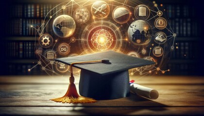 A close-up of a graduation cap and tassel, symbolizing achievement, knowledge, education, and the pursuit of success. The background features a bookshelf and glowing icons representing different areas