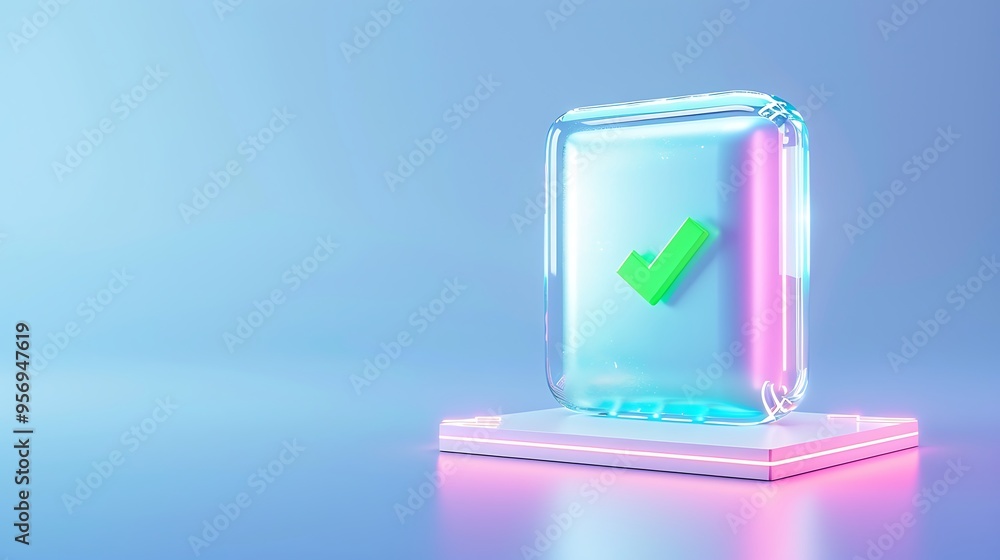 Poster digital 3d illustration of a neon-colored checkmark icon in a glass cube on a platform, set against 