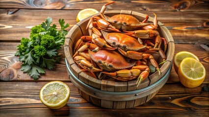 Rustic wooden crab pot filled with freshly caught steamed blue crabs, surrounded by lemon wedges and parsley, on a worn wooden table.